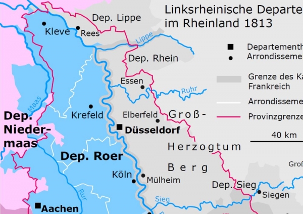 Niedermaasdepartement (lila Umrandung), Ausschnitt aus der Karte 'Linksrheinische Departements im Rheinland 1813', Bonn 2010
