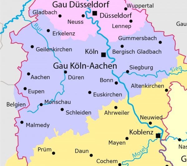Gau Köln-Aachen (lila Umrandung), Ausschnitt aus der Karte 'Nationalsozialistische Gaue im Rheinland 1944', Bonn 2010