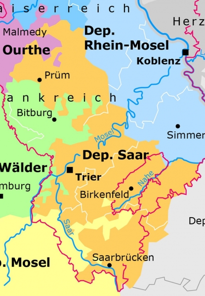 Saardepartement (gelbe Umrandung), Ausschnitt aus der Karte 'Linksrheinische Departements im Rheinland 1813', Bonn 2010
