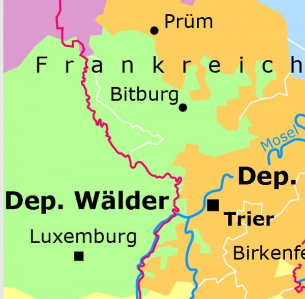 Wälderdepartement (grüne Umrandung), Ausschnitt aus der Karte 'Linksrheinische Departements im Rheinland 1813', Bonn 2010
