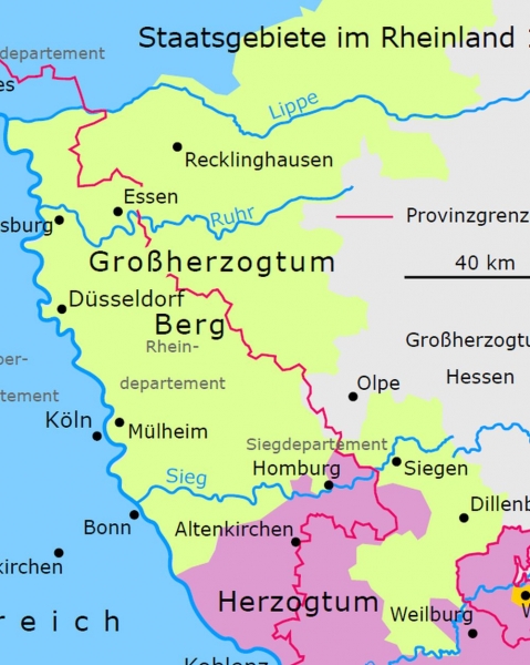 Großherzogtum Berg (grüne Umrandung), Ausschnitt aus der Karte 'Staatsgebiete  im Rheinland 1811', Bonn 2010
