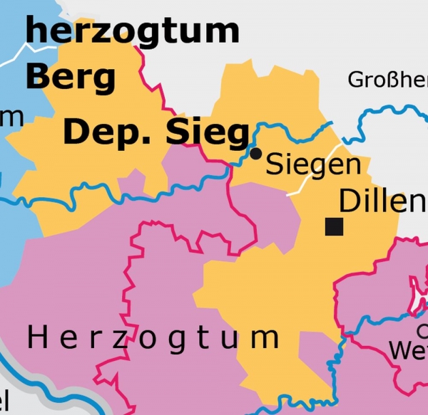 Siegdepartement (orange Umrandung), Ausschnitt aus der Karte 'Rechtsrheinische Territorien und Departements im Rheinland 1813', Bonn 2010