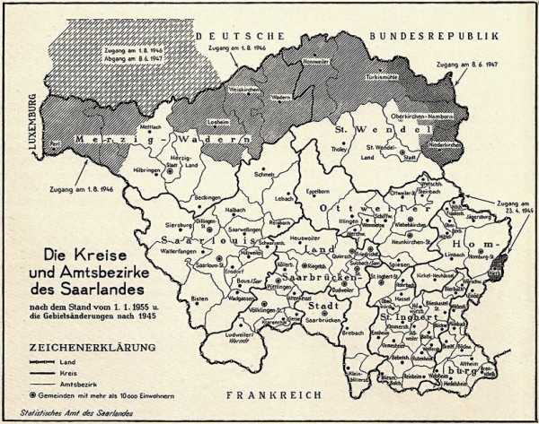 Karte des Saarlandes, die Karte zeigt die seit dem 23.4.1949 bis heute gültigen Grenzen des Saarlandes. Die weißen und nicht-schraffierten Flächen des Saarlandes stellen das Saargebiet unter Kontrolle des Völkerbundes (1919-1935) dar