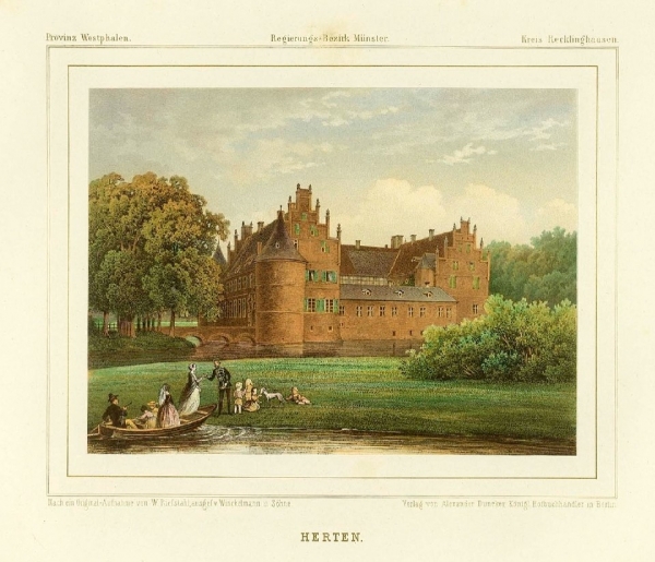 Das Schloss Herten, Sitz der kurkölnischen Statthalter, Lithographie von Alexander Duncker, 19. Jahrhundert