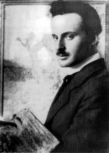 Walter Ophey mit Palette vor dem Ölgemälde Frühlingssonne, 1908