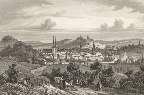 Die Stadt Elberfeld um 1850, links mit dem Doppelturm die Laurentiuskirche, an der Peter Lo predigte