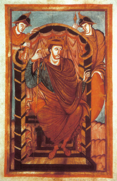 Lothar I., dargestellt in einem Evangeliar, Tours, zwischen 849 und 851, heute in Paris Bibliotheque Nationale de France, Ms. lat. 266, fol. 1v