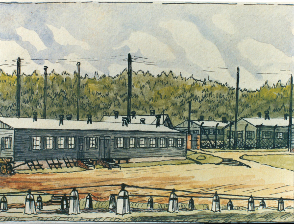 Ansicht des SS-Sonderlagers/KZ Hinzert. Aquarell des dort ermordeten Häftlings Arthur Michel, 1943
