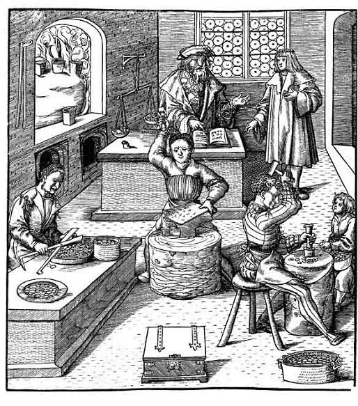 Abbildung einer mittelalterlichen Werkstatt von Hans Burgkmair, rechts ist die Verwendung eines Münzstempels zu erkennen