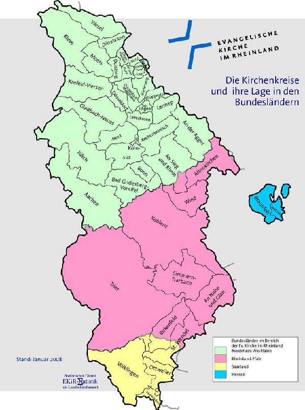 Evangelische Kirche im Rheinland mit Kirchenkreisen und Verteilung nach Bundesländern, 2007