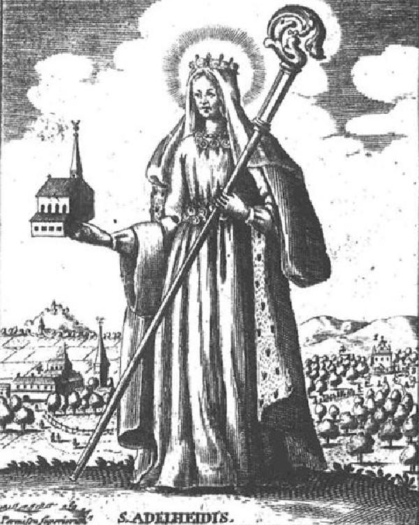 Adelheid von Vilich vor den Wallfahrtsstätten Pützchen und Vilich. Original als Kupferstich, hier der Abdruck auf einem Pilgerblatt von 1718