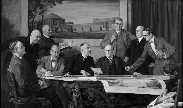 Der Düsseldorfer Oberbürgermeister Dr. Robert Lehr (sitzend, Mitte, nach rechts blickend), Gemälde 'Der Gesolei-Ausschuss' , 1926