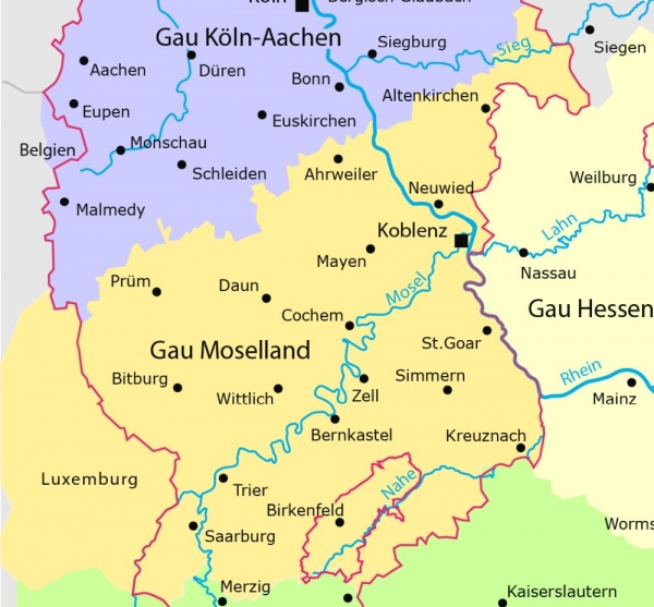 Gau Moselland (gelbe Umrandung), Ausschnitt aus der Karte 'Nationalsozialistische Gaue im Rheinland 1944', Bonn 2010