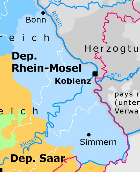 Rhein-Moseldepartement (hellblaue Umrandung), Ausschnitt aus der Karte 'Linksrheinische Departements im Rheinland 1813', Bonn 2010