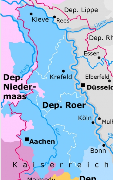 Roerdepartement (blaue Umrandung), Ausschnitt aus der Karte 'Linksrheinische Departements im Rheinland 1813', Bonn 2010
