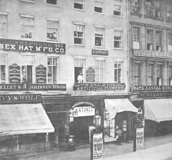 Das 'Brodway Theatre' am Broadway N°. 485 im Jahr 1867, 1862-63 firmierte das Theater als 'German Opera House'
