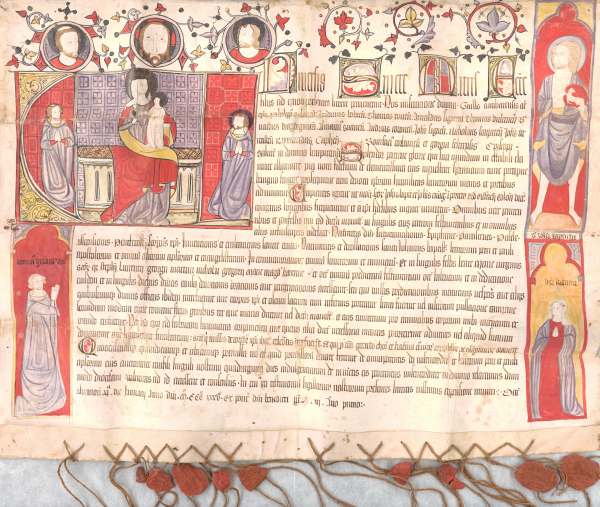 Urkunde von Papst Benedikt XII. aus dem Jahr 1335 mit einem Ablass für Gerhard Chorus (unten links) und seine Frau Katharina (unten rechts), dem er den Kloster Burtscheid bei Aachen gewährte