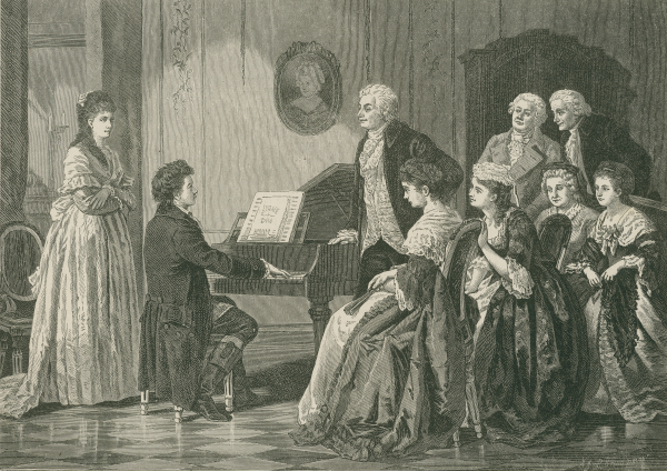 "Le premier début de Beethoven", Holzstich von Richard Brend'amour nach einem Gemälde oder einer Zeichnung von Borchmann, Aachen, um 1890