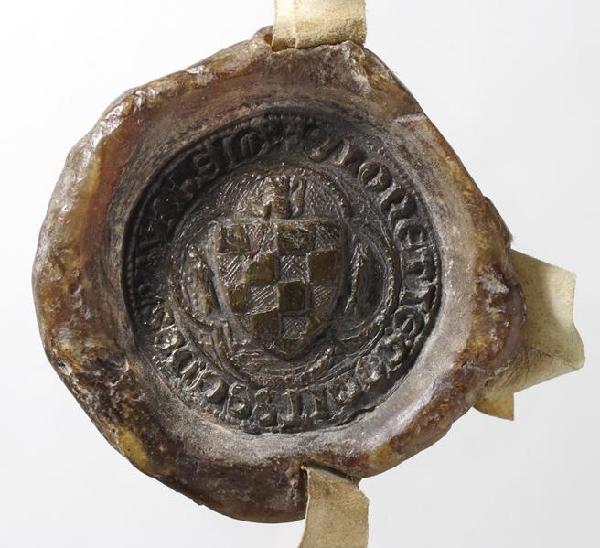 Siegel der Gräfin Loretta von Sponheim, genutzt zwischen 1330 und 1344 (Umschrift: S.LORETTE.COMITISSE.DE.SPAYNHEIM), anhängend an einer Urkunde vom 28.6.1330