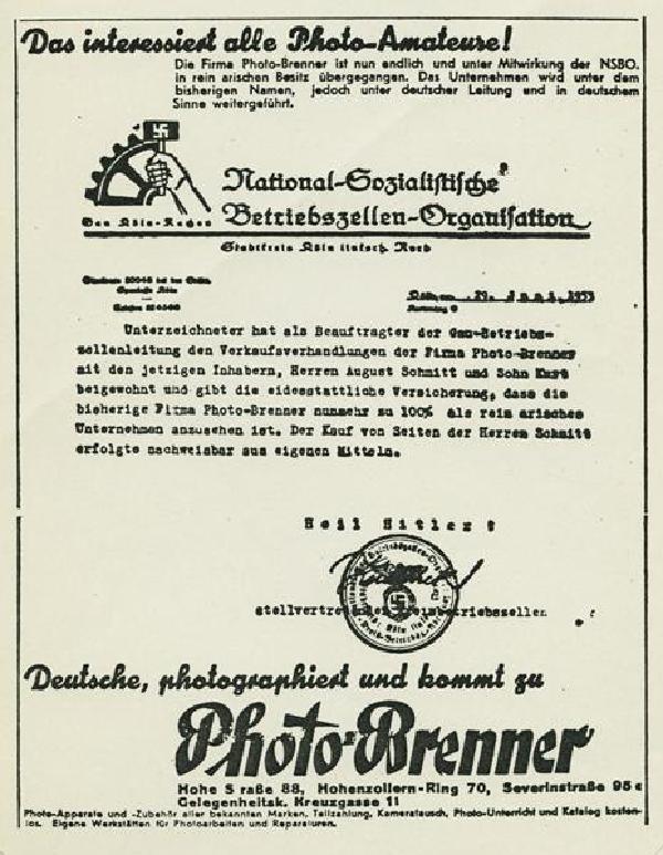 Bekanntgabe der 'Arisierung' des Geschäfts Photo Brenner, Anzeige im 'Westdeutschen Beobachter' vom 4. Juli 1933