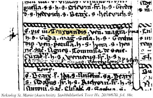Eintrag des Namens Tenxwindis im Nekrolog des Klosters St. Maria in Andernach von 1319