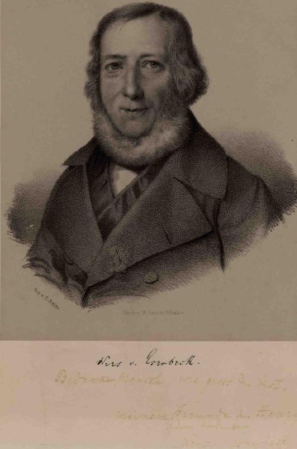Christian Nees von Esenbeck, Porträt, Lithographie von C. Beyer, mit eigenhändiger Unterschrift und Refrainzeile aus Theodor Hofferichters (1815-1886) Gedicht