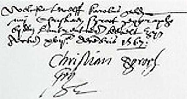 Unterschrift Christian Sgrootens auf einer Rechnung, 1567, Original im Gelders Archief Arnhem