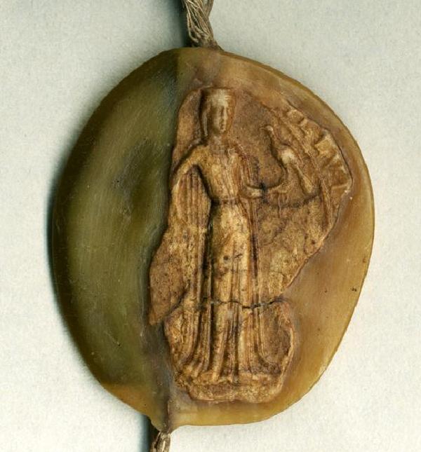 Erstes Siegel Mechthilds von Sayn (1216-1227), Abdruck an einer Urkunde von 1222