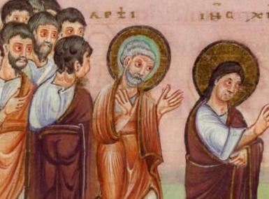 Christus heilt den Aussätzigen - Codex Egberti, fol. 21v. Der Codex wurde für den Trierer Bischof Egbert zwischen 977 und 993 hergestellt. Die Miniatur zeigt den Aussätzigen mit zerfurchtem Gesicht und Lepramalen auf dem Körper. Als Warninstrument trägt er ein Horn an einer Schnur unter dem linken Arm; die rechte Hand ist bittend zu Christus ausgestreckt, der ihn segnet. Der aus der Gruppe der Apostel hervorgetretene Petrus beobachtet das Geschehen mit dem Gestus des Erstaunens, 977-993 n. Chr