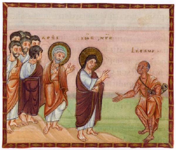 Christus heilt den Aussätzigen - Codex Egberti, fol. 21v. Der Codex wurde für den Trierer Bischof Egbert zwischen 977 und 993 hergestellt. Die Miniatur zeigt den Aussätzigen mit zerfurchtem Gesicht und Lepramalen auf dem Körper. Als Warninstrument trägt er ein Horn an einer Schnur unter dem linken Arm; die rechte Hand ist bittend zu Christus ausgestreckt, der ihn segnet. Der aus der Gruppe der Apostel hervorgetretene Petrus beobachtet das Geschehen mit dem Gestus des Erstaunens, 977-993 n. Chr